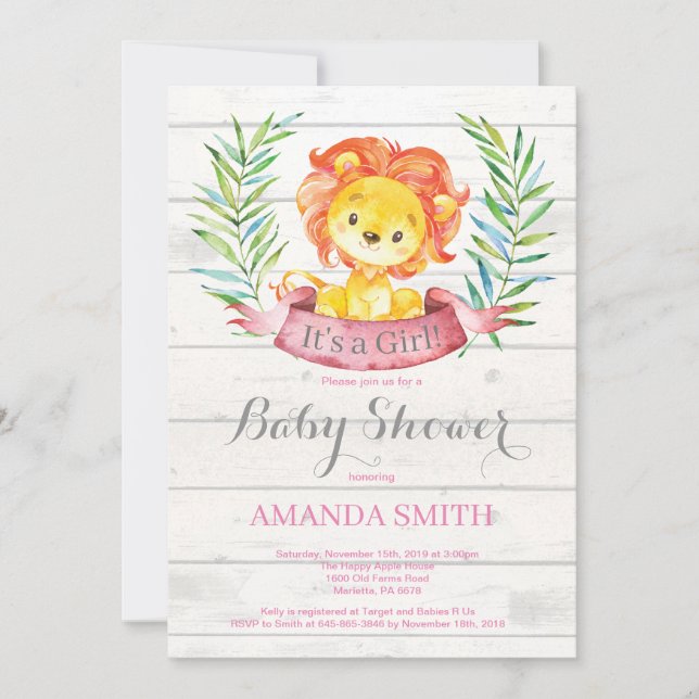 Rustic Girl Lion Baby Shower Invitation Pink (Front)