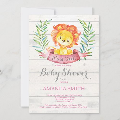 Rustic Girl Lion Baby Shower Invitation Pink