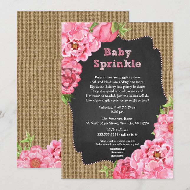 Rustic Girl Pink Floral Baby Sprinkle Invites (Front/Back)