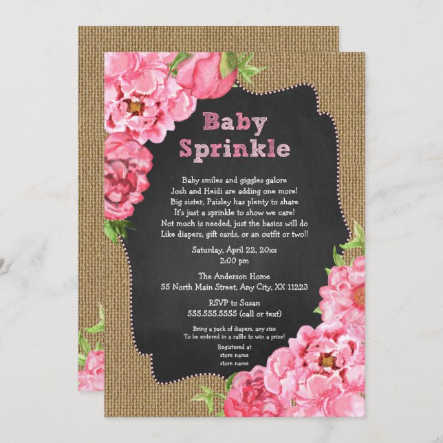 Rustic Girl Pink Floral Baby Sprinkle Invites (Front/Back)