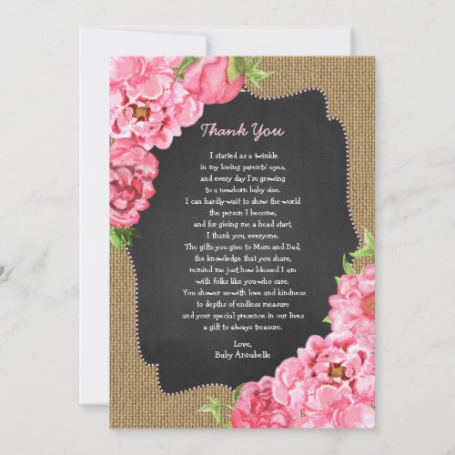 Rustic Girl Pink Floral Baby Thank you note Invitation