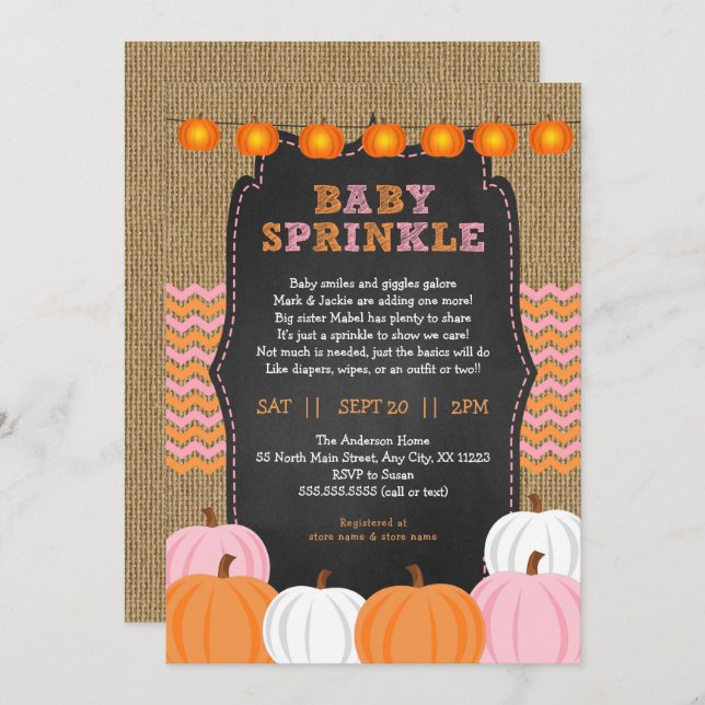 Rustic Girl Pumpkin baby sprinkle invitation (Front/Back)