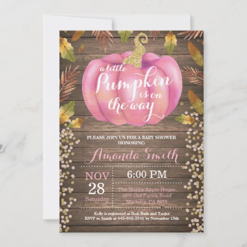 Rustic Girl Pumpkin Fall Baby Shower Gold Glitter Invitation