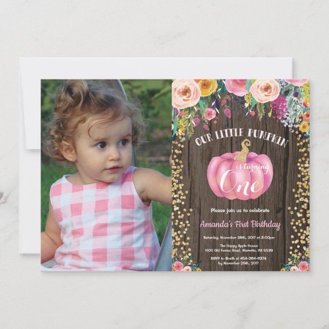 Rustic Girl Pumpkin First Birthday Floral Gold Invitation (Front)