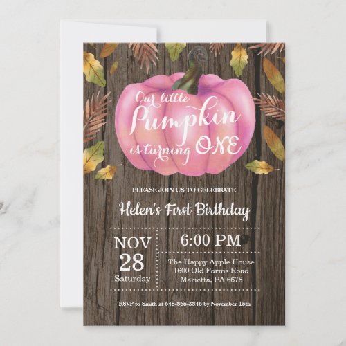 Rustic Girl Pumpkin First Birthday Invitation Pink