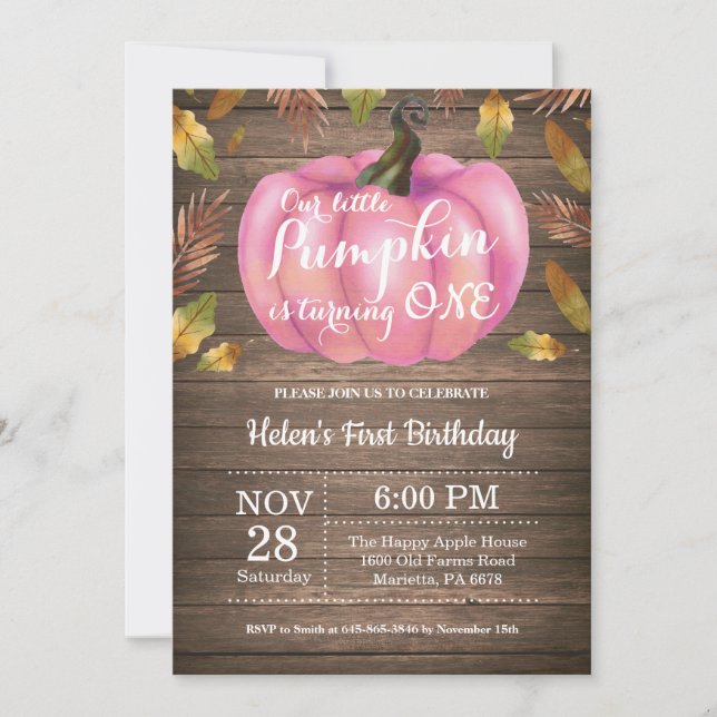 Rustic Girl Pumpkin First Birthday Invitation Pink (Front)