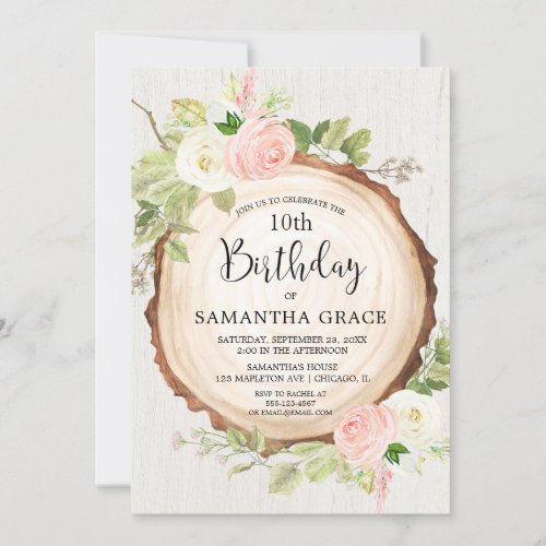 Rustic girls birthday blush pink cream floral invitation