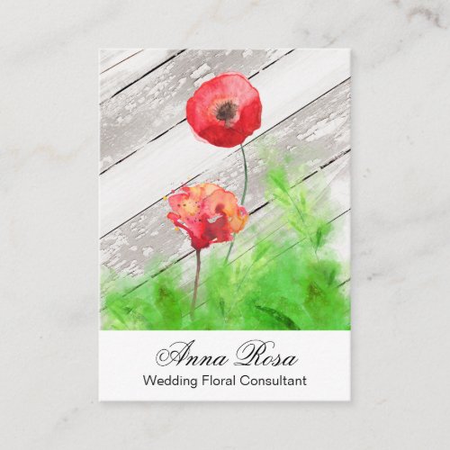  Rustic Girly Red Poppy Flowers Vintage Wood Business Card