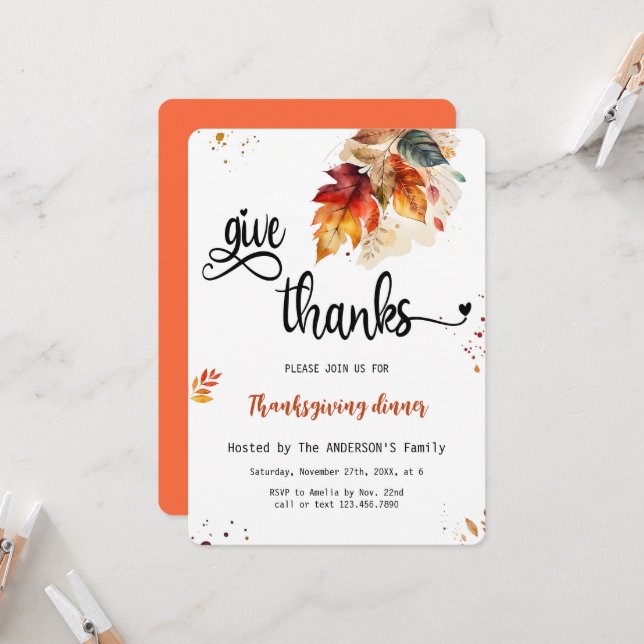 Rustic Give Thanks Autumn Thanksgiving Dinner Invitation (Front/Back In Situ)