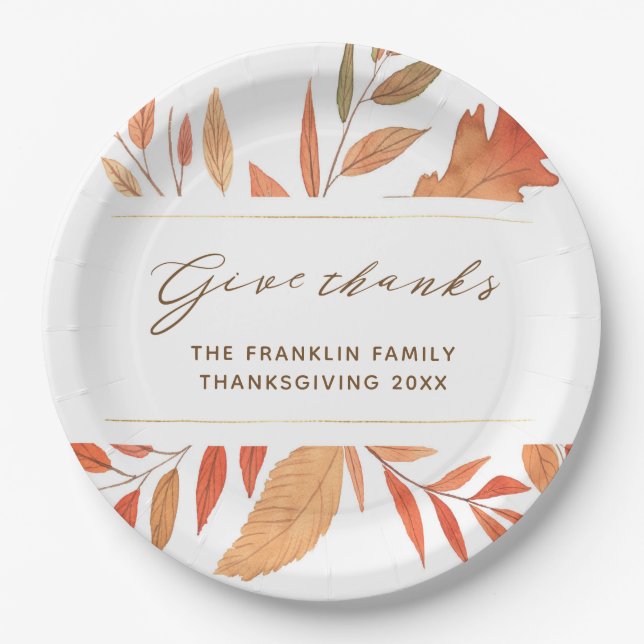 Rustic Give Thanks Fall Leaves Thanksgiving Paper Plates (Front)