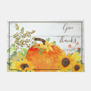 Rustic Give Thanks Sunflowers and Pumpkin Doormat