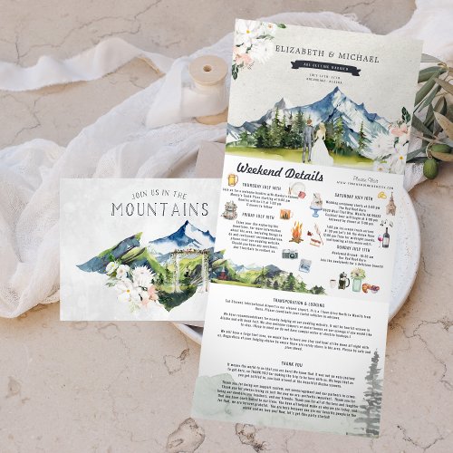 Rustic Glacial Mountain  Illustrated Wedding Tri_Fold Invitation