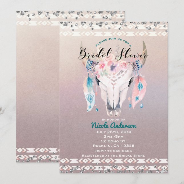 Rustic Glam Boho Floral Cow Skull Bridal Shower Invitation (Front/Back)