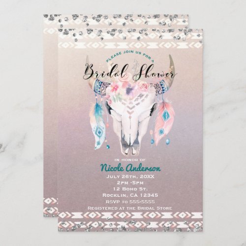 Rustic Glam Boho Floral Cow Skull Bridal Shower Invitation