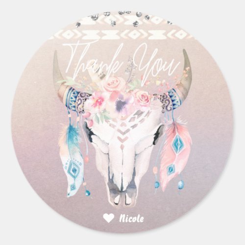 Rustic Glam Boho Floral Cow Skull Chic Party Favor Classic Round Sticker