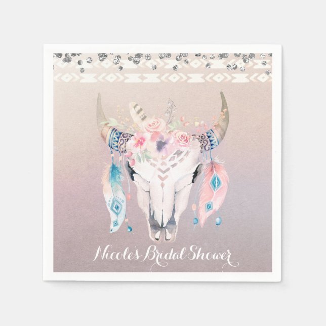 Rustic Glam Boho Floral Cow Skull Chic Party Napkins (Front)