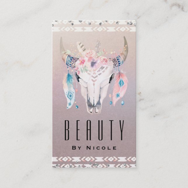 Rustic Glam Boho Floral Cow Skull Country Chic Business Card (Front)