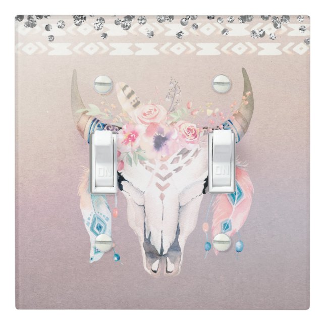 Rustic Glam Boho Floral Cow Skull Country Western Light Switch Cover (In Situ)