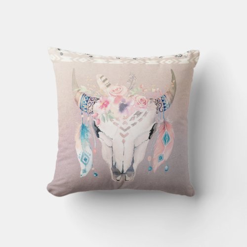 Rustic Glam Boho Floral Cow Skull  Feathers Throw Pillow