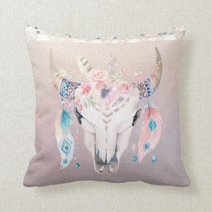 Rustic Glam Boho Floral Cow Skull & Feathers Throw Pillow