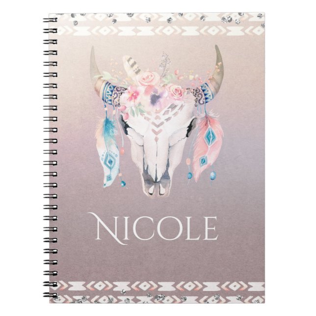 Rustic Glam Boho Floral Cow Skull Iridescent Notebook (Front)