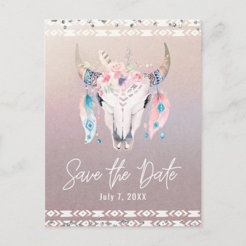 Rustic Glam Boho Floral Cow Skull Save the Date Announcement Postcard