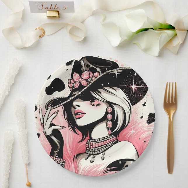 Rustic Glam Cowgirl Pink Sparkle Cowhide Birthday  Paper Plates (Wedding)