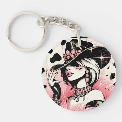 Rustic Glam Cowgirl Pink Sparkle Cowhide Print Keychain