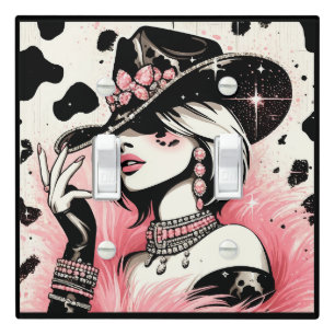 Rustic Glam Cowgirl Pink Sparkle Cowhide Print Light Switch Cover
