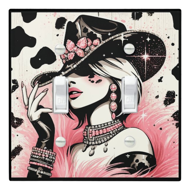 Rustic Glam Cowgirl Pink Sparkle Cowhide Print Light Switch Cover (In Situ)