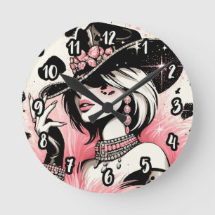 Rustic Glam Cowgirl Pink Sparkle Cowhide Print Round Clock
