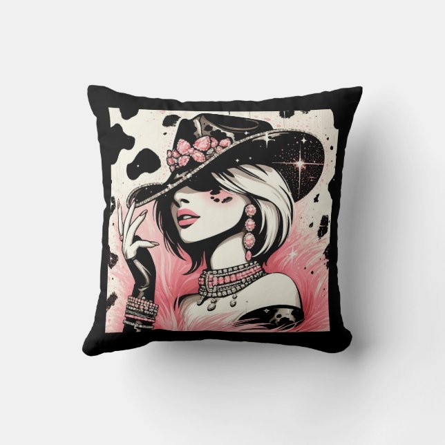 Rustic Glam Cowgirl Pink Sparkle Cowhide Print Throw Pillow (Back)