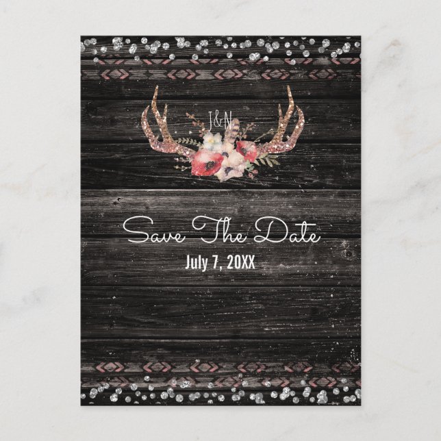 Rustic Glam Flowers & Antlers Boho Save the Date Announcement Postcard (Front)