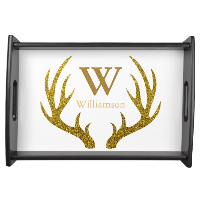 Rustic Glam Gold Faux Glitter Antlers Serving Tray (Front)