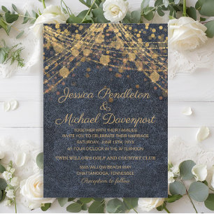 Rustic Glam Gold String Lights Denim Blue Wedding Invitation
