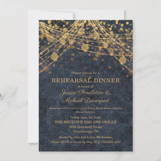Rustic Glam Navy Blue Gold String Lights Rehearsal Invitation (Front)