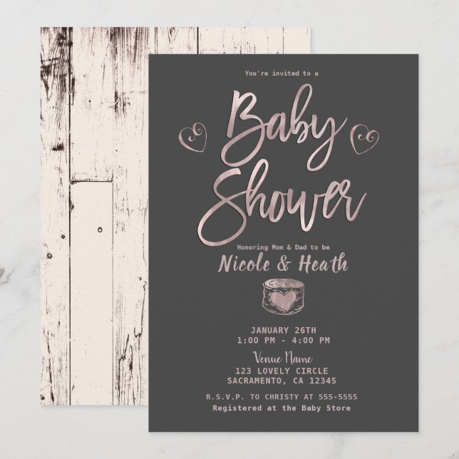 Rustic Glam Rose Gold Pink Grey Baby Shower   Invitation (Front/Back)