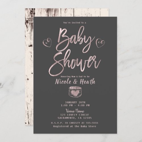 Rustic Glam Rose Gold Pink Grey Baby Shower   Invitation