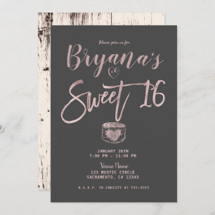Rustic Glam Rose Gold Pink Grey Sweet 16 Party Invitation