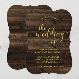 Rustic Glam Wood and Faux Gold Look Wedding Invitation