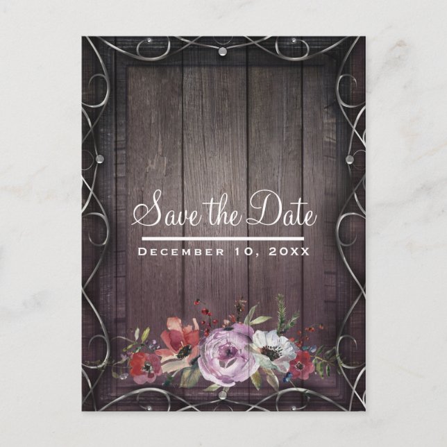 Rustic Glamour Barn Wood Floral Save the Date Announcement Postcard (Front)