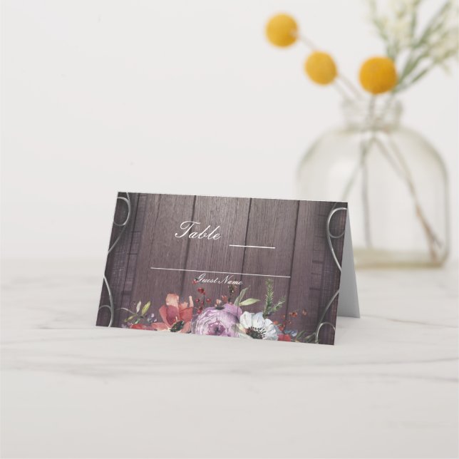 Rustic Glamour Barn Wood Flourish Floral Table Place Card (Back)