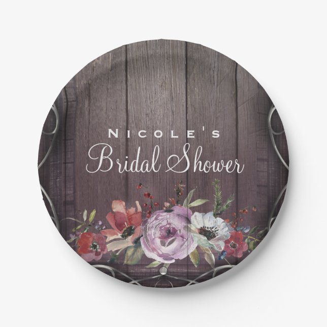 Rustic Glamour Barn Wood Flourish & Floral Wedding Paper Plates (Front)