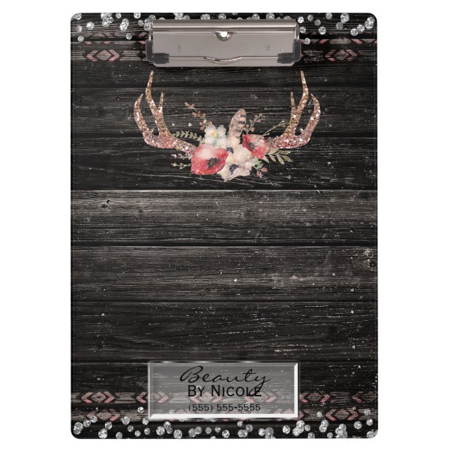 Rustic Glamour Boho Antlers Skull Personalized Clipboard (Front)