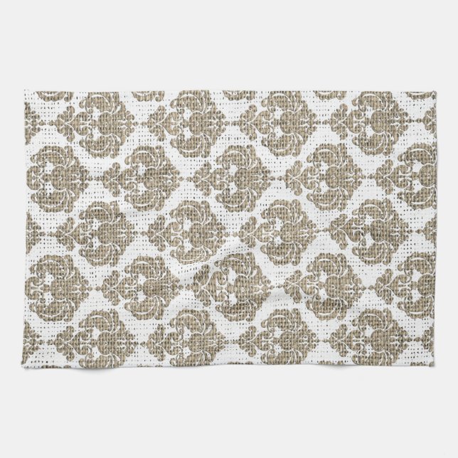 Rustic Glamour Burlap Royal Damask Chic Modern Kitchen Towel (Horizontal)