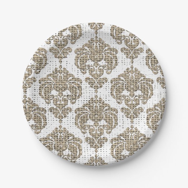 Rustic Glamour Burlap Royal Damask Chic Modern Paper Plates (Front)
