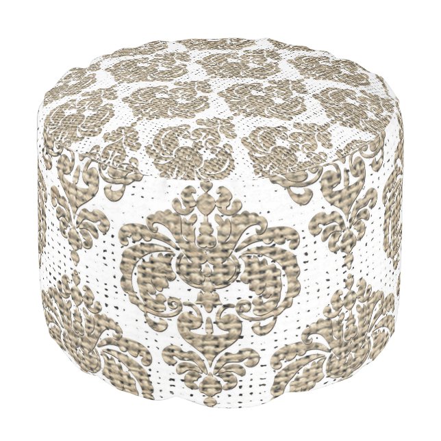 Rustic Glamour Burlap Royal Damask Chic Modern Pouf (Angled Front)