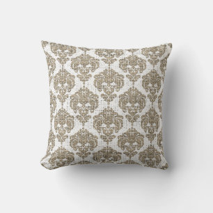 Rustic Glamour Burlap Royal Damask Chic Modern Throw Pillow