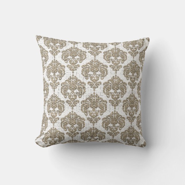 Rustic Glamour Burlap Royal Damask Chic Modern Throw Pillow (Front)