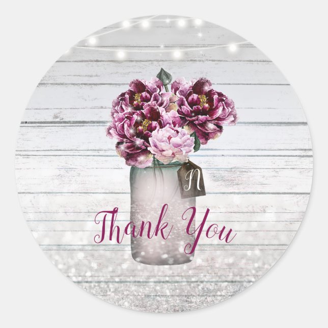 Rustic Glamour Wood & Burgundy Mason Jar Flowers Classic Round Sticker (Front)